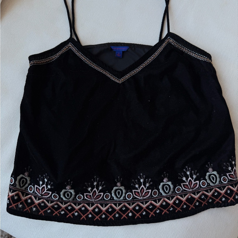 Aeropostale Black Velvet Embroidered Hem Spaghetti-Strap Top